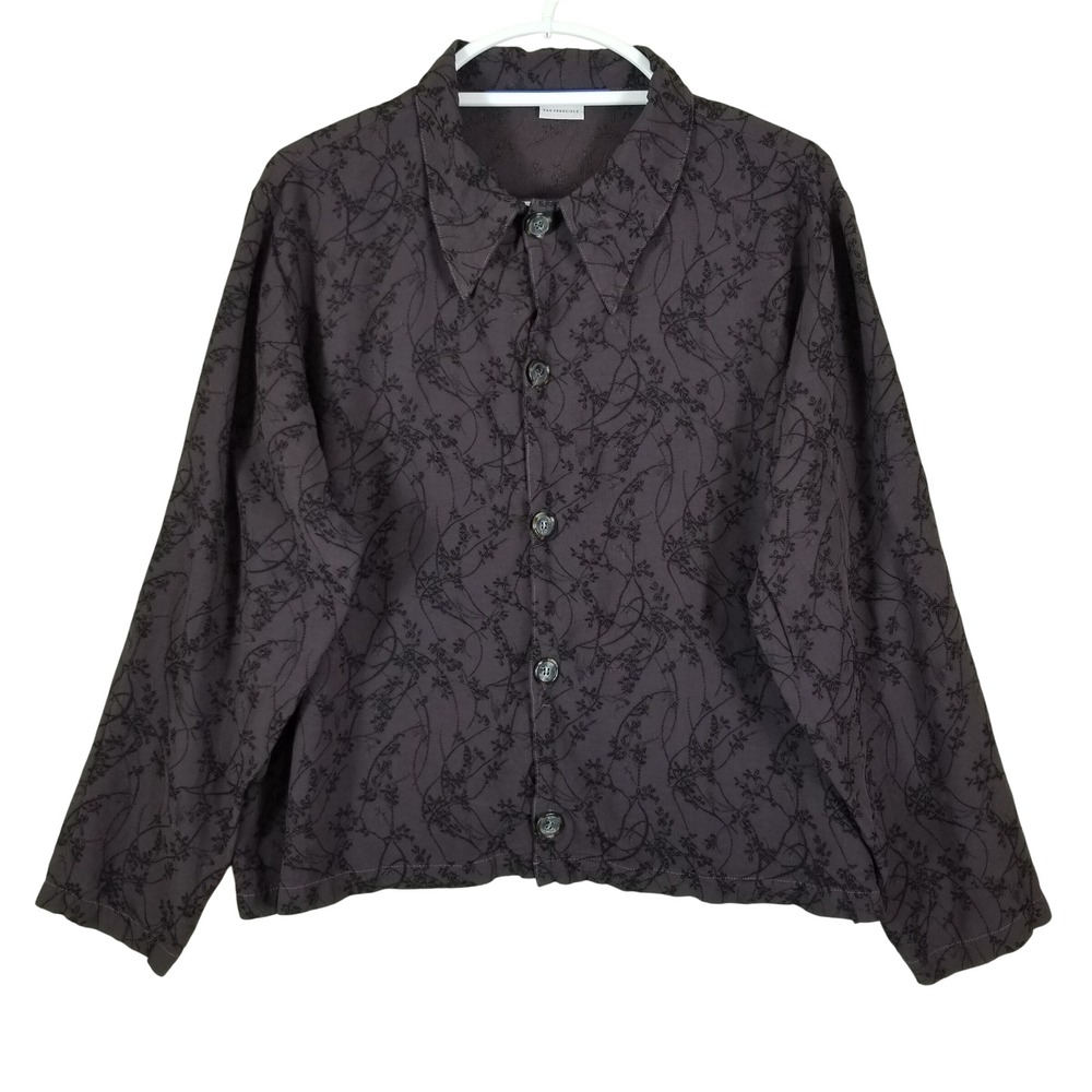 CP Shades Button Up Shirt Women Sz L Plum Brown Embroidered Vine Rayon Lagenlook